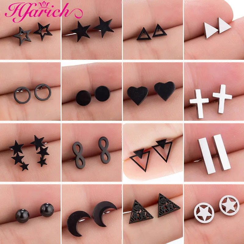 Simple Cartoon Circle Geometric Round Stud Earrings for Women Men Black Moon Star Cross Stick Bar Shape Earring Fashion Jewelry