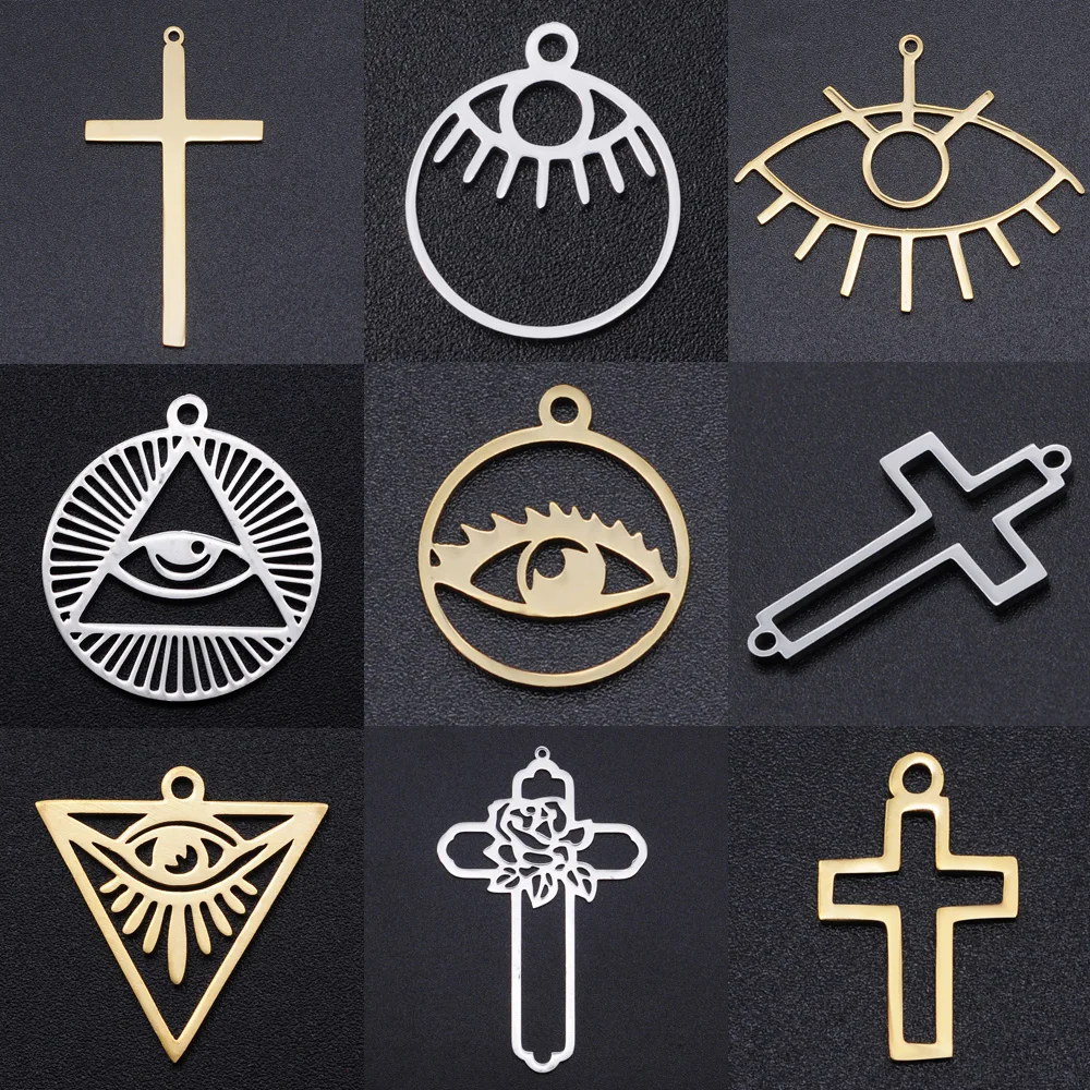 5pcs/lot Religious Cross DIY Charms Wholesale 316 Stainless Steel Evil Eye Connectors Charm Horus Hamsa Hand Jewelry Pendant