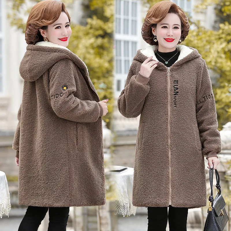 Winter Women Jacket long Lambswool Plus Velvet Cotton Coat Female Overcoat Hooded Warm Lady Outerwear Mother Clothes 5XL