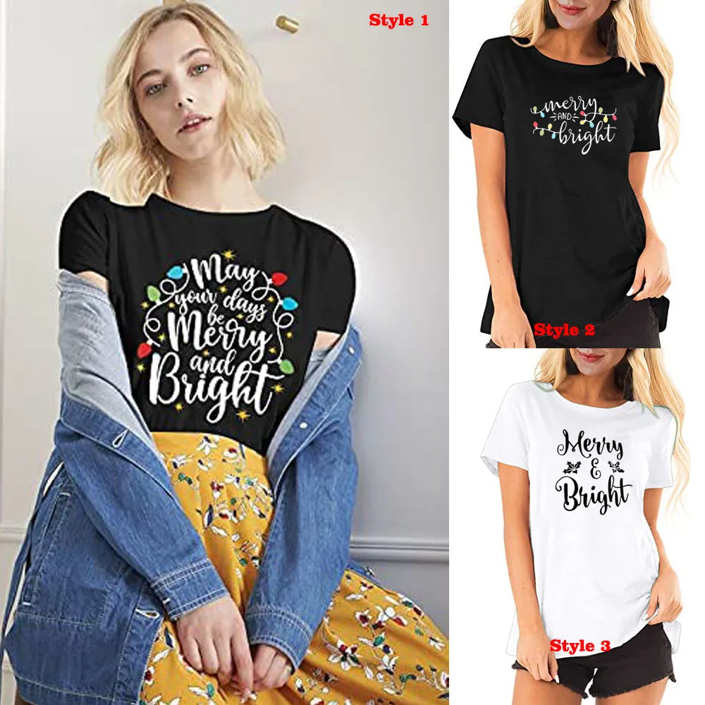 Merry and Bright Christmas Lights T-Shirts Women Xmas Graphic Print Shirts Holiday Short Sleeve Tops Tees