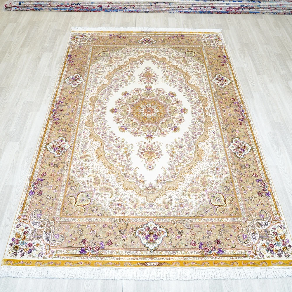 6'x9' Hand Knotted Beige Traditional Persian Carpet Kazakhstan Silk Rug (YL0260A)