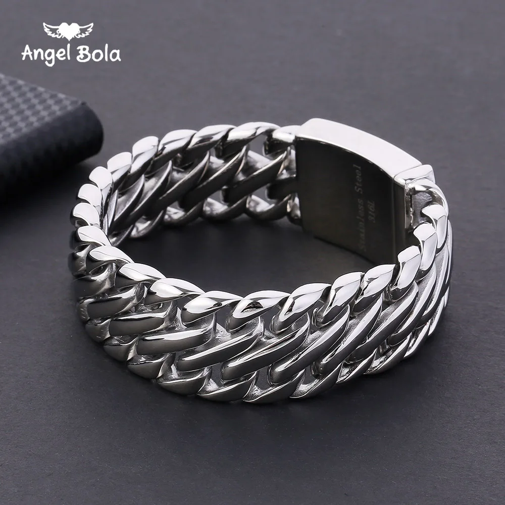 Buddha Bracelet with Logo Double Curb Cuban Chain Bracelet Mens 316L Stainless Steel Wristband Bangle Silver color Tone 23mm