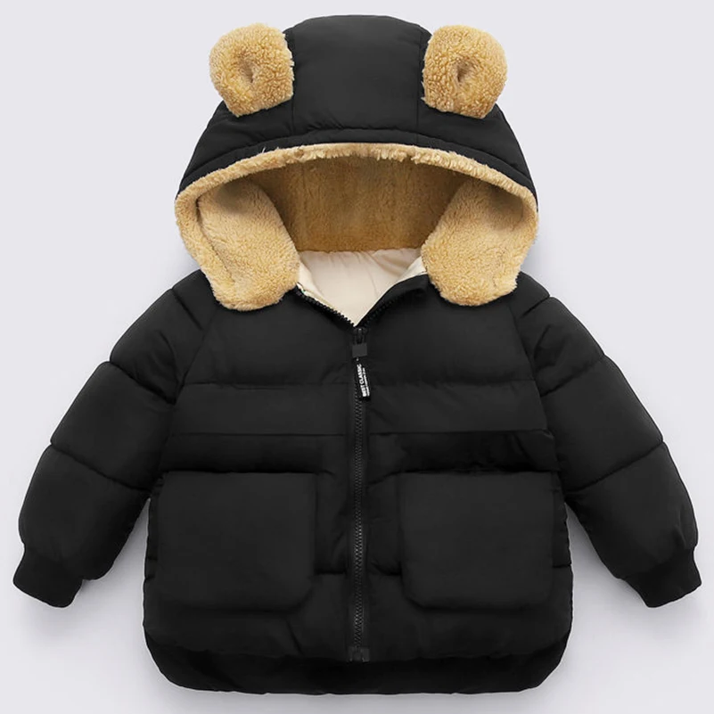 Baby Girls Woolen Thicken Bear Hooded Outerwear Winter Jacket Coat Toddler Overall Kids Cotton-Padded Children Clothing for 2-7y