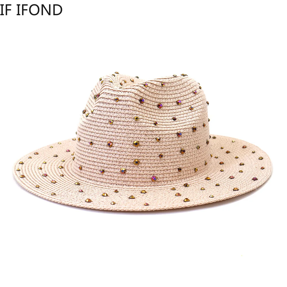 Hand made Diamond Straw Hat For Women\'s Summer Wide side Jazz Dress Cap Holiday Sun Protection Beach Hats