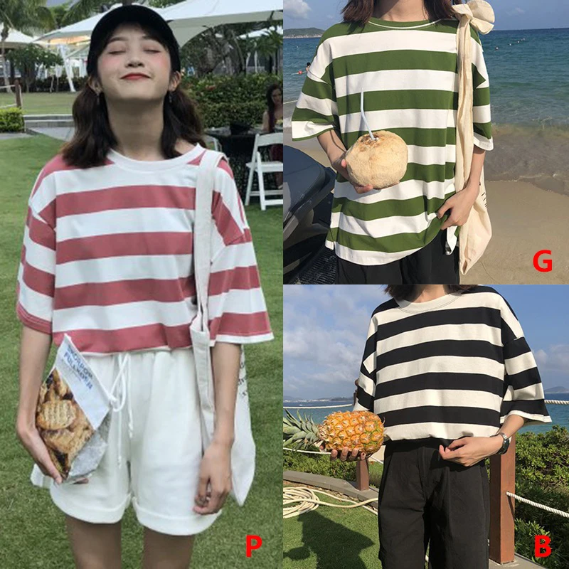 Oversize Korean Style T-shirt Women Short Sleeve Striped Casual Loose Tee Hip Hop Streetwear Plus Size Cotton Blend Tshirt 2020