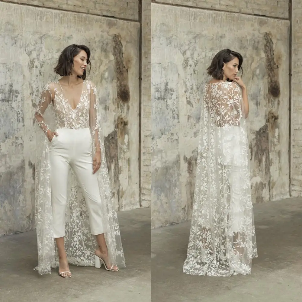 New Wedding Jumpsuit With Cape Beach Wedding Dresses V Neck Tea Length Lace Bridal Outfit Wedding Gowns 2021