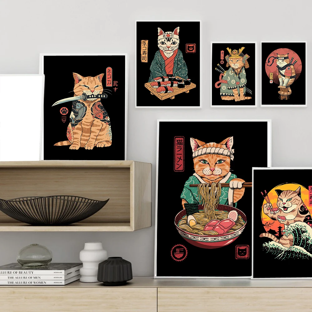 Japanese Samurai Cat Neko Ramen Nostalgia Wave Home Decor Wall Art HD Quality Cartoon Painting Animal Posters Canvas Painting