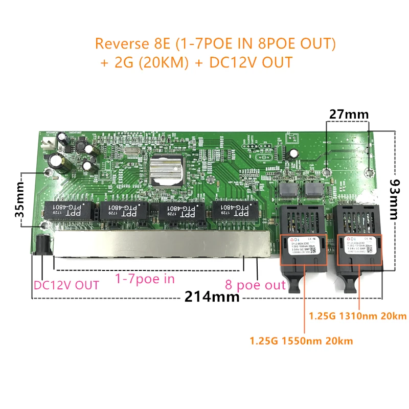 Reverse POE 10/100/1000M Gigabit Ethernet switch Ethernet Fiber Optical Single Mode 8 RJ45 UTP&2 SC fiber Port Board 20KM