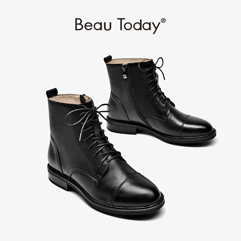 

BeauToday Ankle Boots Women Cow Leather Waxing Round Toe Zipper Lace-up Booties Street Style Lady Low Heel Shoes Handmade 03611