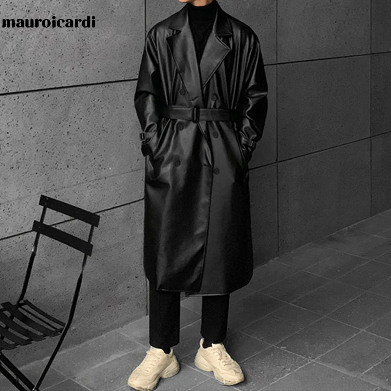 Mauroicardi Spring Autumn Long Black Oversized Faux Leather Trench Coat Men 2022 Drop Shoulder Belt Faux Leather Coats for Men