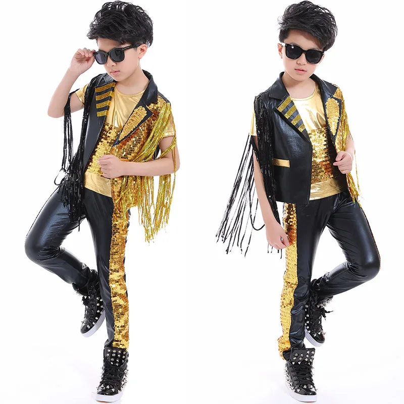 Hip Hop Costume Sequined Fringed Coat Tops Pants Jazz Performance Clothing Boys Street Dance Suit Modern Stage Wear DNV12485