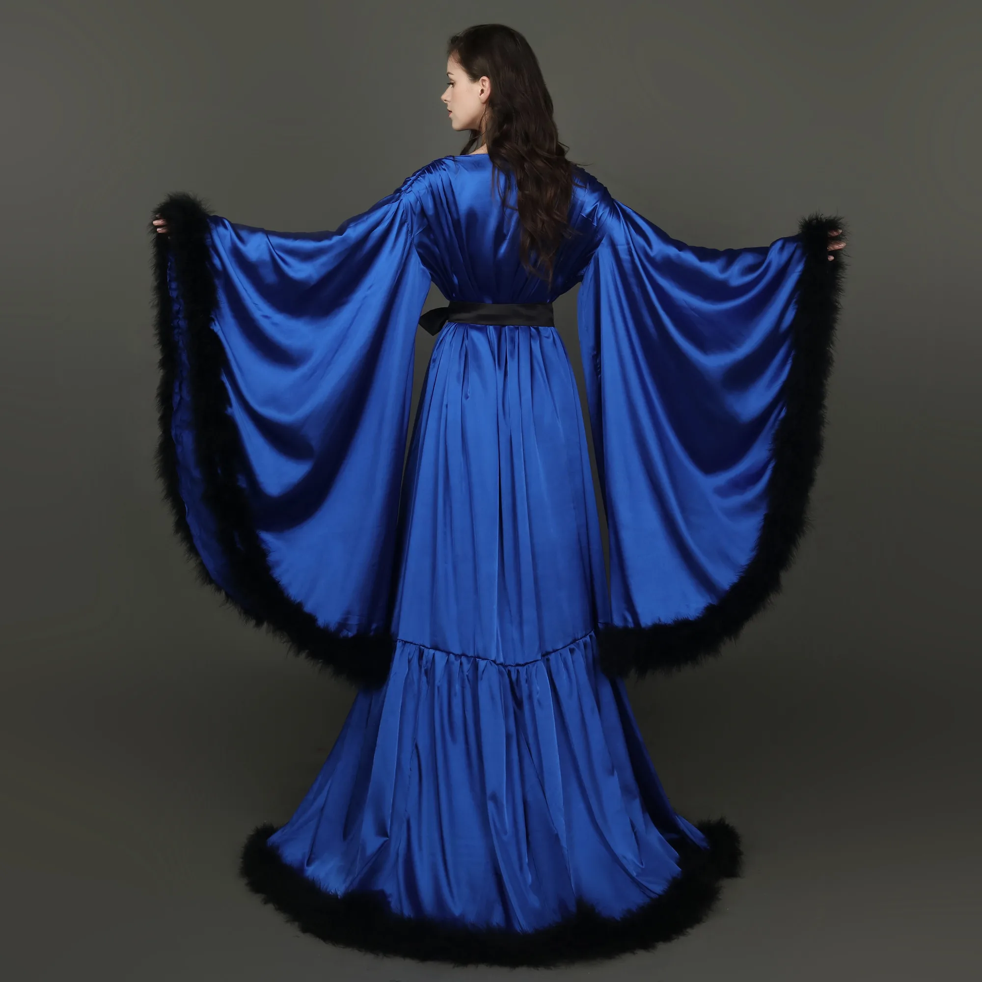 Elegant Baby Shower Pajamas Feather Wedding Shawls Photo Robe With Belt Big Cuffs Night Gown For Women Long Sleeve Custom Made view 6