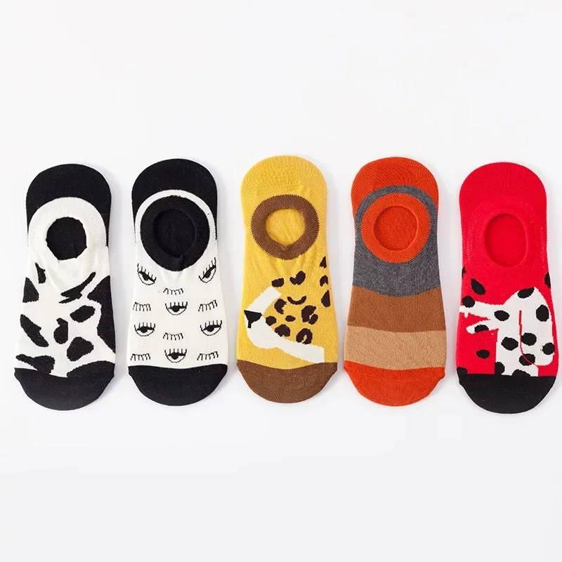 5Pairs Fashion Cartoon Animal Spring Summer Unisex Men Women Silicone Anti-Slip Cotton Sock Funny Fruit Slippers Invisible Socks