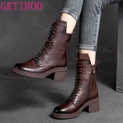 GKTINOO 2024 Koe Lederen Kwaliteit Vrouwen Schoenen Herfst Winter Vierkante Med Hak Enkellaarsjes Lace Up Rits Dames Pompen Maat 35-40