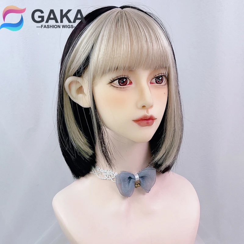 GAKA Short Straight Bob Synthetic Hair Gold Black Cosplay Wig Women Lolita Summer Color Highlighting Gradient With Bangs Dyed