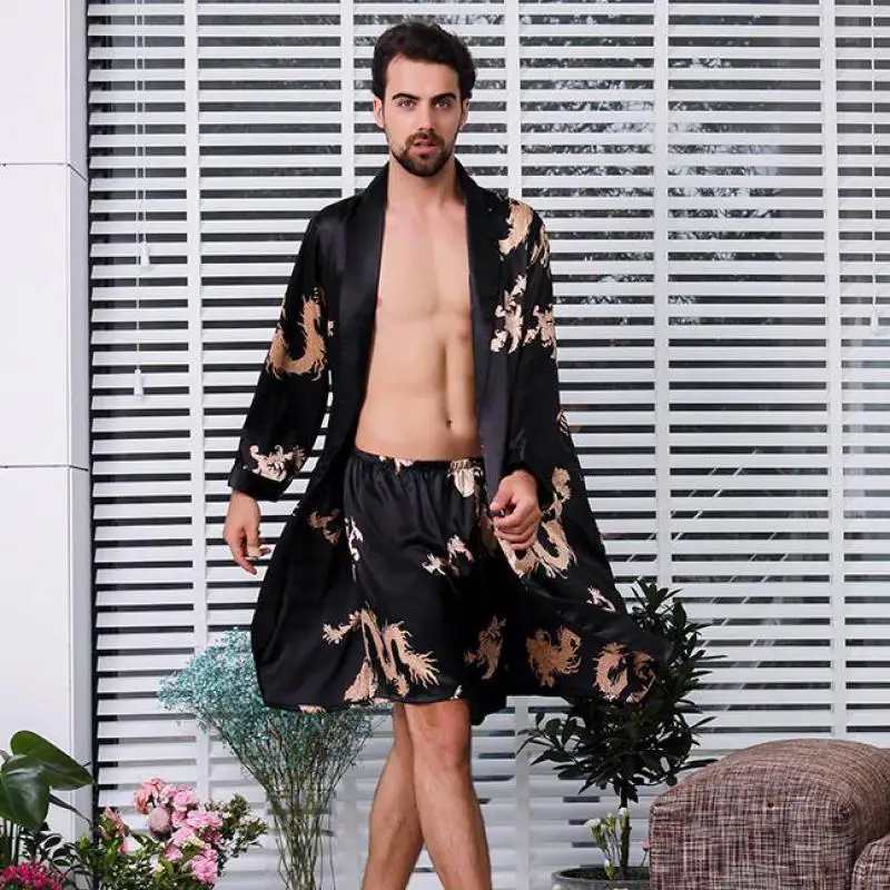 Large Size 4XL 5XL Men Satin Robe Set Dragon Print 2PCS Sleepwear Silky Nighty&Robe Set Male Casual Kimono Gown Loose Home Wear