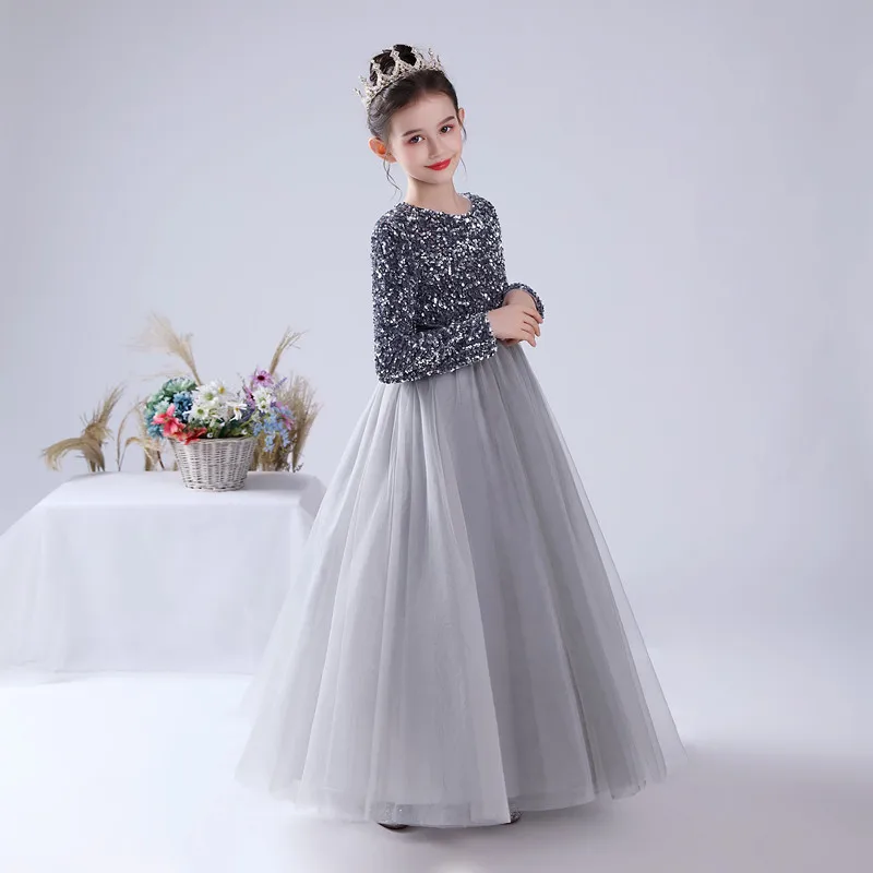 Dideyttawl Customized Junior Girls Formal Party Princess Gown Long Sleeve Grey Sequins Flower Girls Dress Wedding Birthday Party