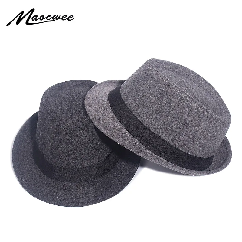 Gray Black Fedora Hat Classical Wide Brim Hat Men Solid Men\'s Dad Vintage Top Jazz Hat Autumn Winter Bowler Sombrero Felt Cap