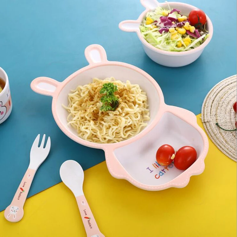 5pcs/Set Baby Feeding Bowl Bamboo Fiber CartoonTableware Children Kids Dinning Dishes Plate With Cup Spoon Fork Dinnerware Set 