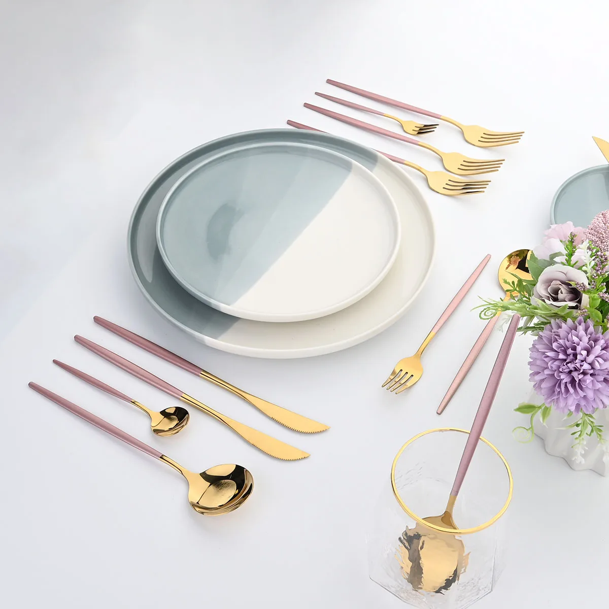 Pink Gold Cutlery Flatware Set Wedding Party Stainelss Steel Silverware Dinnerware Fork Spoons Knives Dessert Tableware