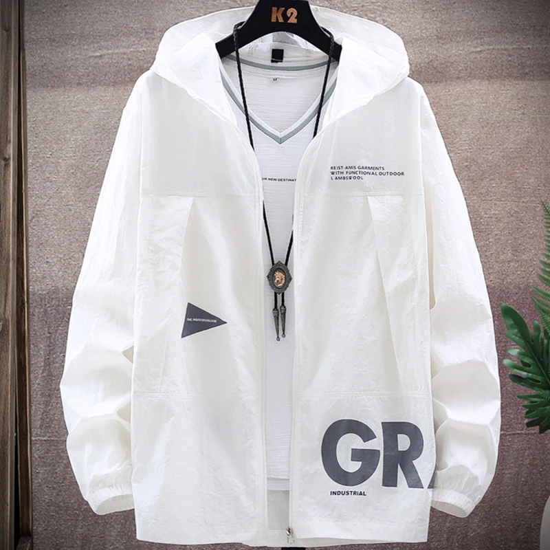 

2021 New Summer UV Protection White Skin Coats Men Fashion Letter Print Hooded Casual Thin Jackets Big Size 8XL 9XL