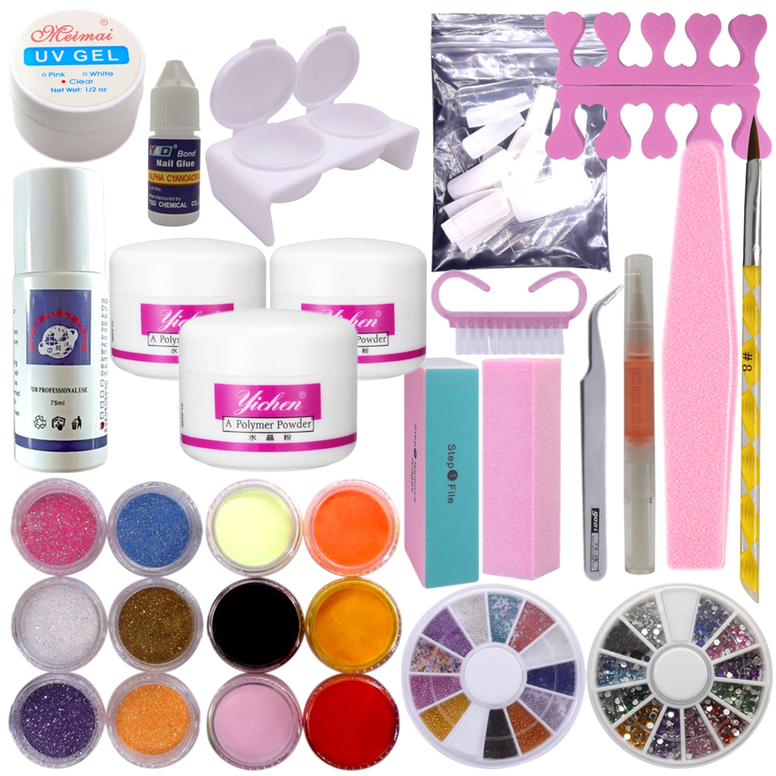 Warme Mädchen Full Acryl Pulver Flüssig Französisch Nail art Pinsel Kleber UV Primer Spitze Tool Kit Set