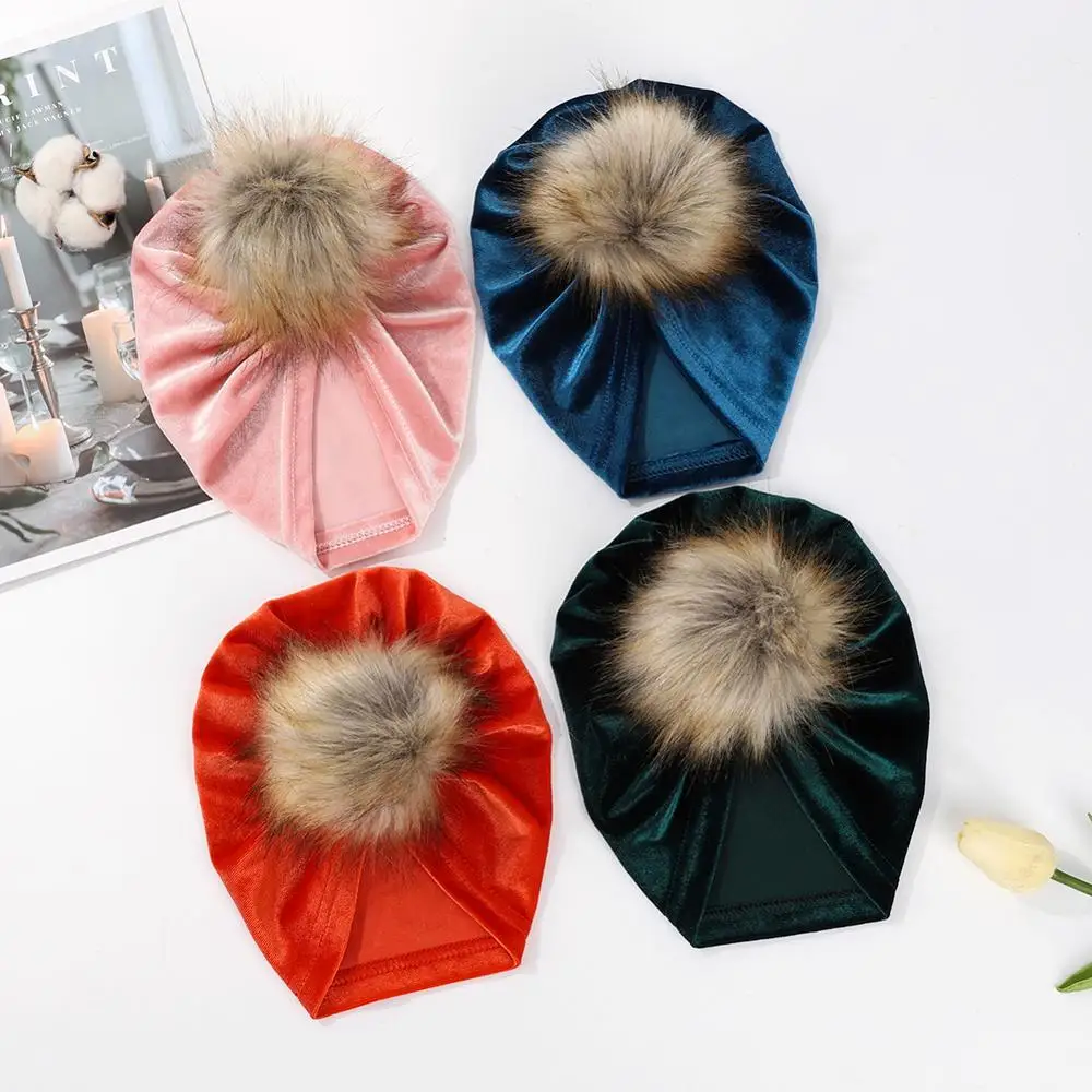 Solid Velvet Fabric Fur Ball Hat for Kids Boys Girls Baby Photograph Props Big Pompom Topknot Autumn Winter Ear Warm Beanie Cap