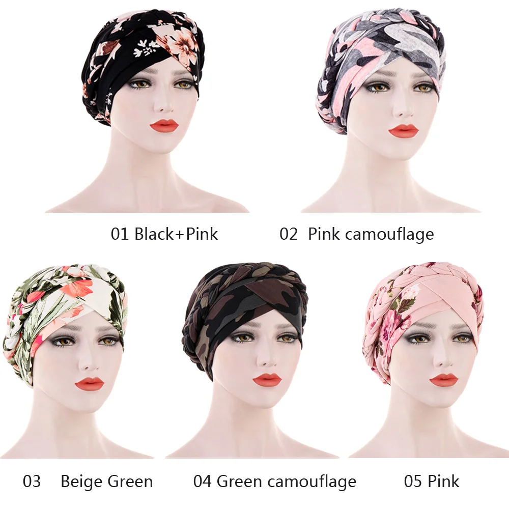 Indian Hat Women Beads Braid Print Beanie Bonnet Chemo Cap Muslim Turban Wraps Islamic Skullies Hair Loss Hat Pleated Head Wrap