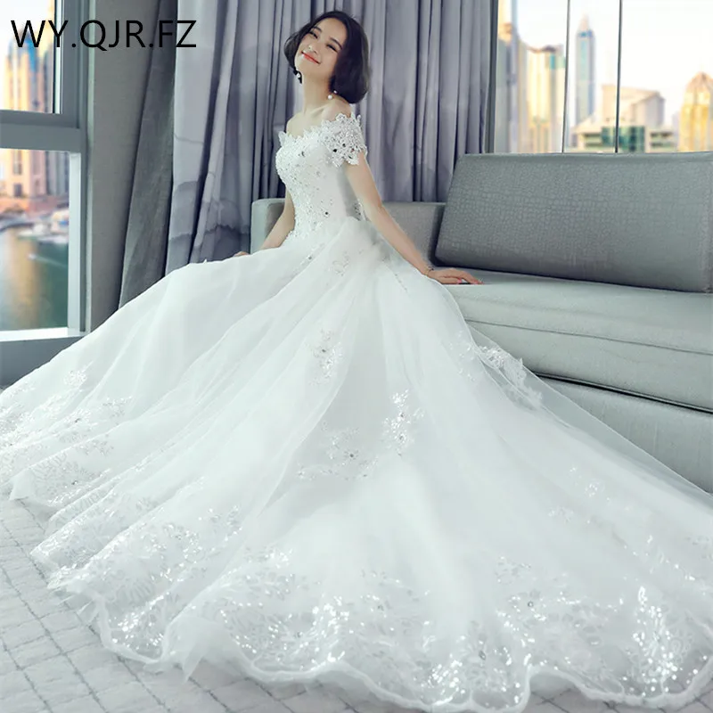 HMHS-240#Boat Neck Wedding Dress Embroidered Lace on Net Off the Shoulder Mermaid/Trumpet Court Train Lace up marry Dresses