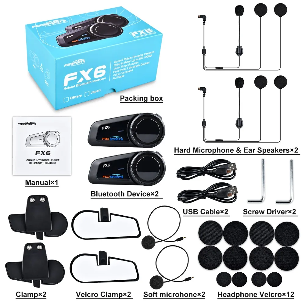 2pcs Fodsports FX6 Helmet Intercom Motorcycle Helmet Bluetooth Headset Interphone,6 Riders,1000m