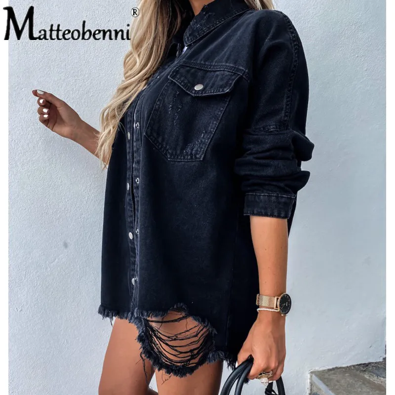 2021 Fall New Women\'s Long Sleeve Denim Shirt Fashion Ripped Mid-length Jeans Buttons Shirt Tops Boyfriend Loose Shirts