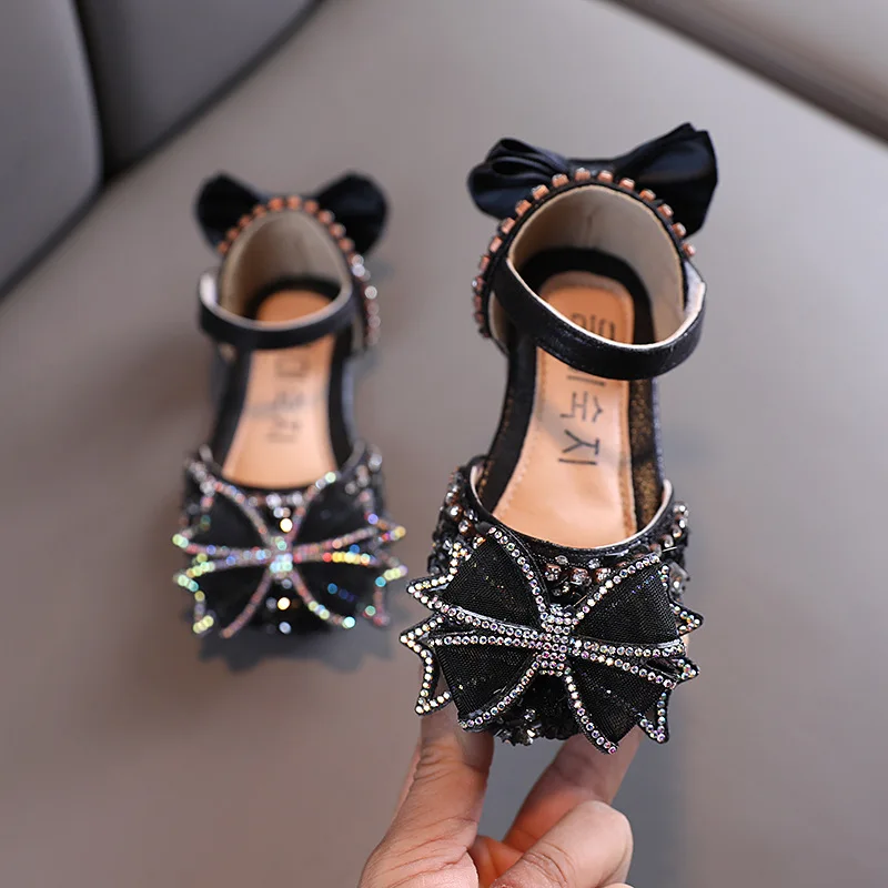 Kids Sandals Rhinestone Bow Girls Princess Shoes Fashion Flats Dance Performance Shoes 2023 Summer New Children Sandals E863