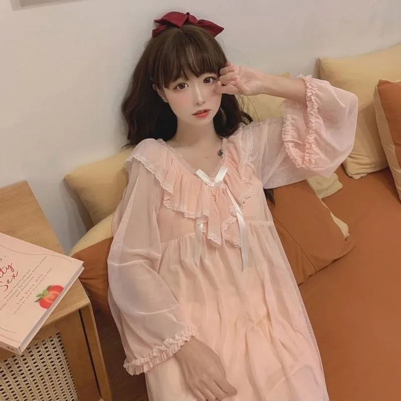 Nightgowns Women Fashion Long Sleeve Sleepshirts Puff  Sweet New Style Ruffle Summer Autumn  Womens Cute Sleepwear Lace