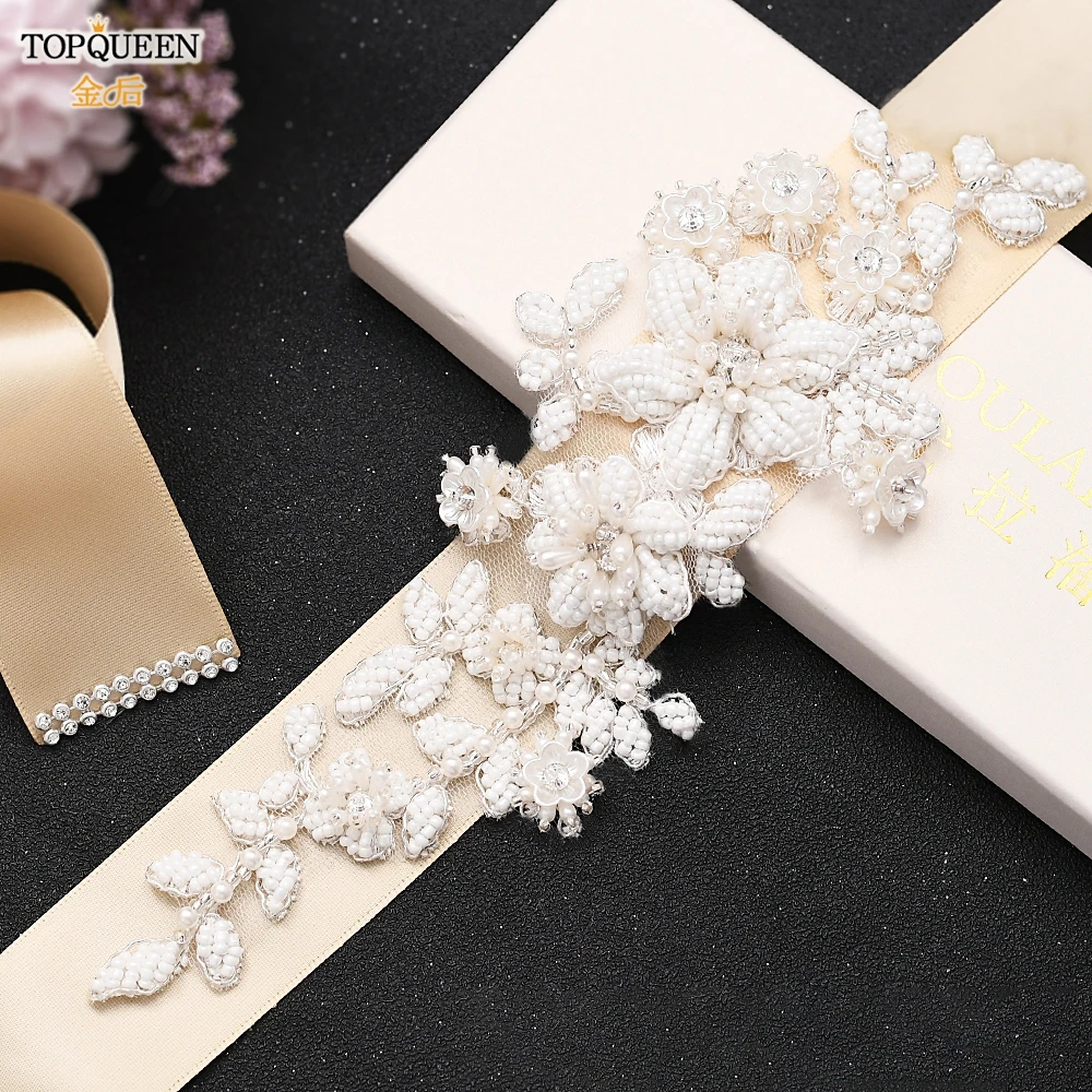 TOPQUEEN S484 Bridal Belt Fashion Wedding Accessories White Pearl Beaded Flower Sash Women\'S Party Dresses Accessories Appliques