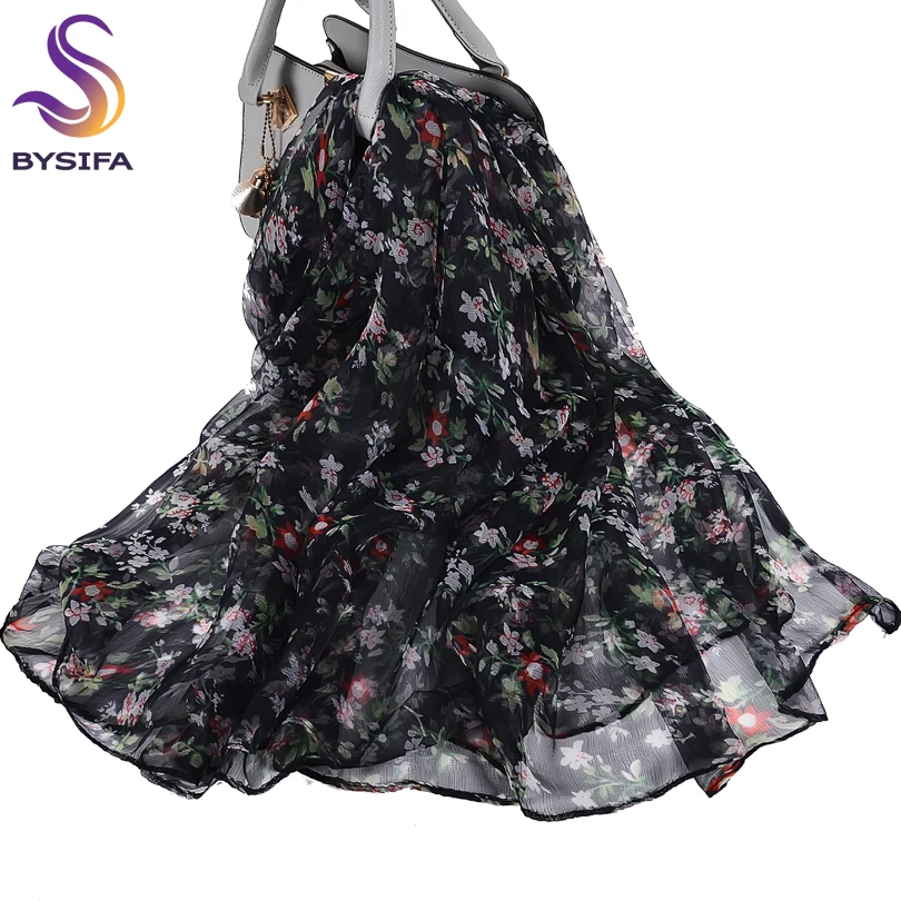 [BYSIFA] Black Scarves Ladie Japan Style Floral Long Silk Scarf Female Spring Fall Fashion All-Match Neck Scarves Hijabs