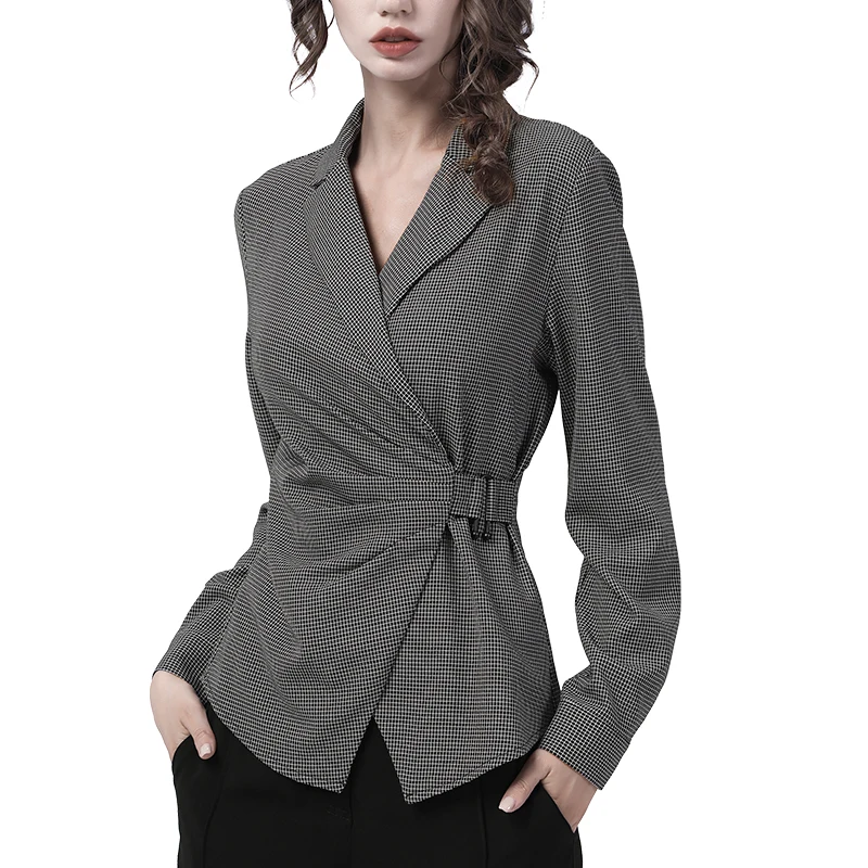 2022 Autumn Winter Women Long Sleeve Grey Plaid Shirt Elegant Slim V-Neck Side Hanging Buckle Tops Fashion Asymmetrical Blouses