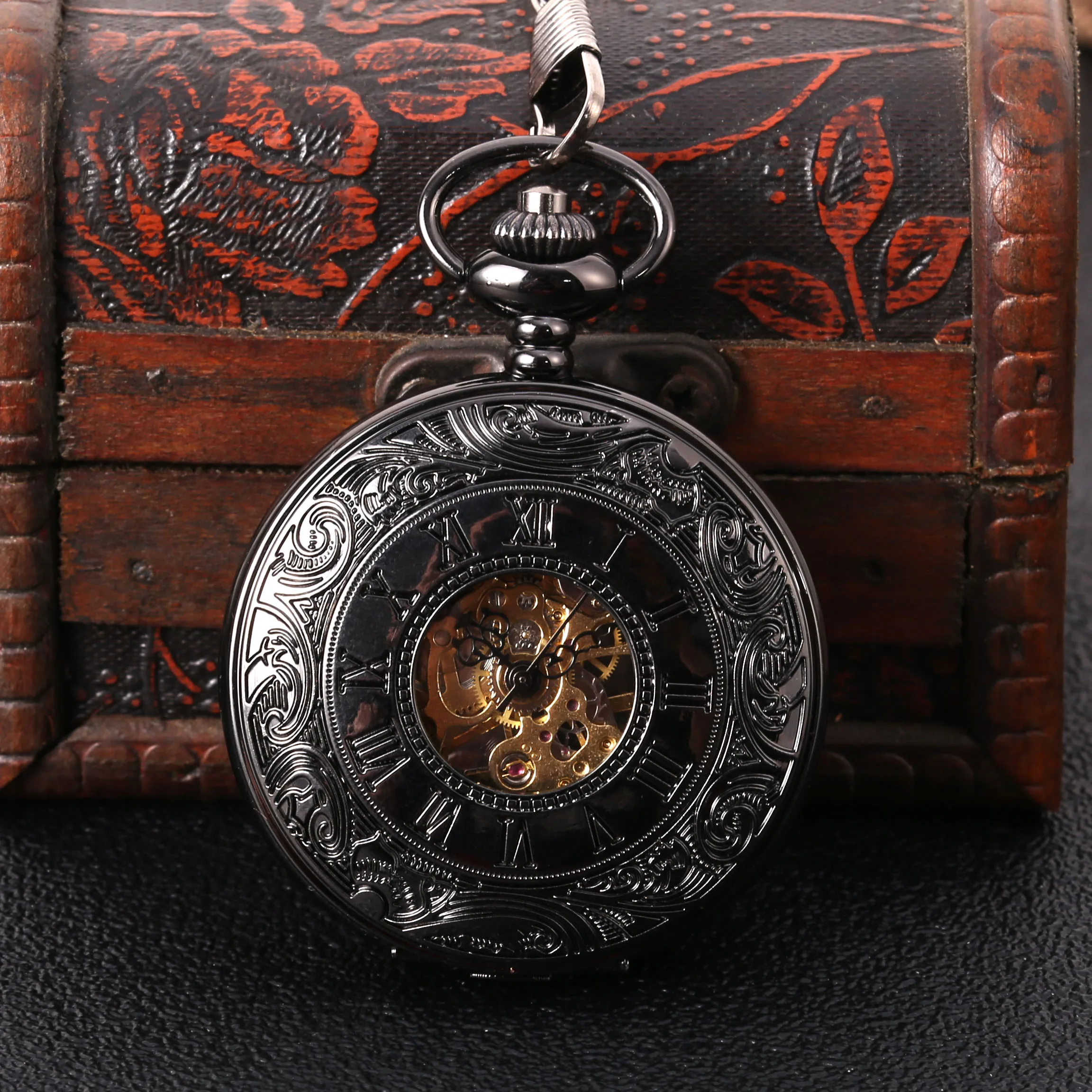 Black carved Roman scale mechanical large pocket watch Creative retro gift value exquisite pocket watch