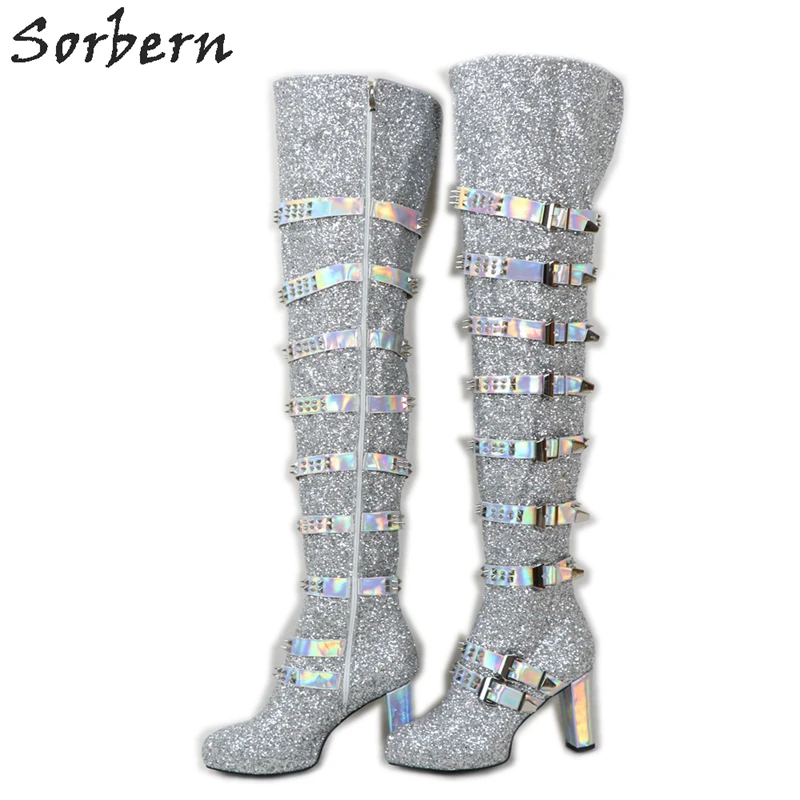 Sorbern Silver Sequins Holo Crossdresser Boots Long Punk Style Rivets Chunky Heels Custom Wide Drag Queen Shoes Made-To-Orders