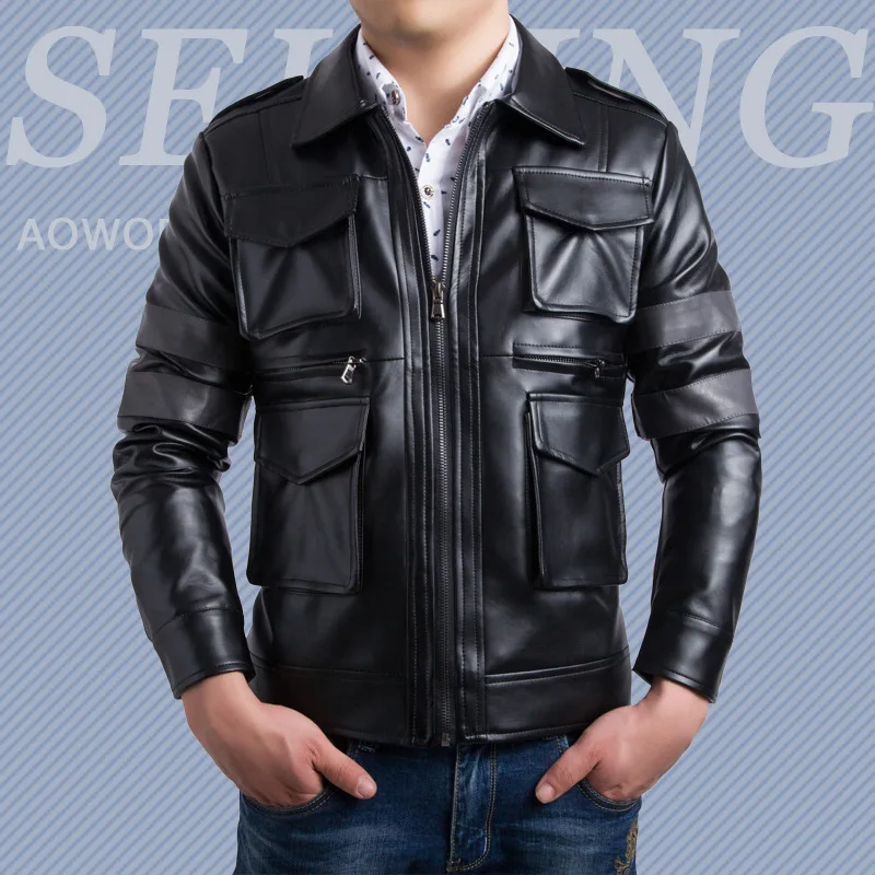 

Men's Motorcycle Leather Coat PU Wash Leather Matching Color Leather Coat