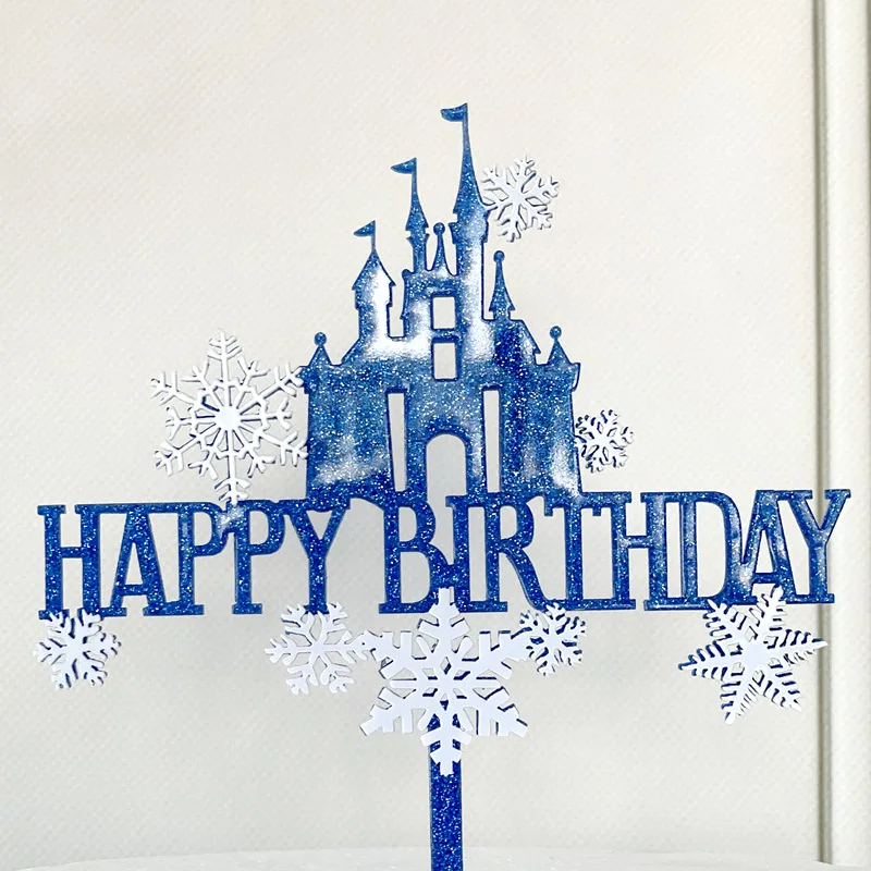 Happy Birthday Cake Topper Snowflake Castle Cake Decoration Acrylic Blue Christmas Tree Cupcake Toppers Decoration Baking