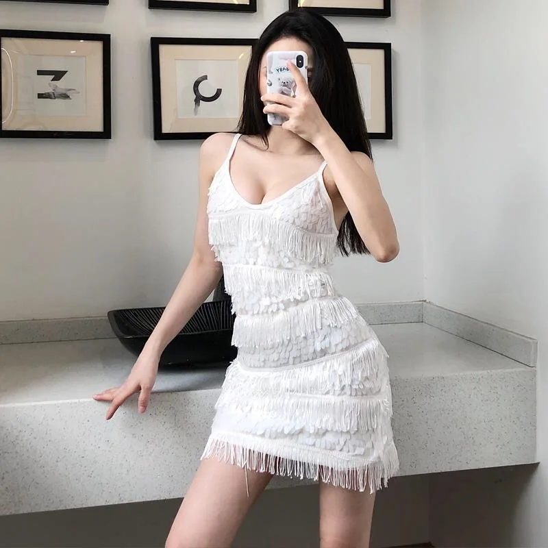 Sexy Dress Fashion Women Summer Designer Style Spaghetti Strap Vestidos Tassel Bodycon Mini-dress Off Shoulder Roupas Femininos