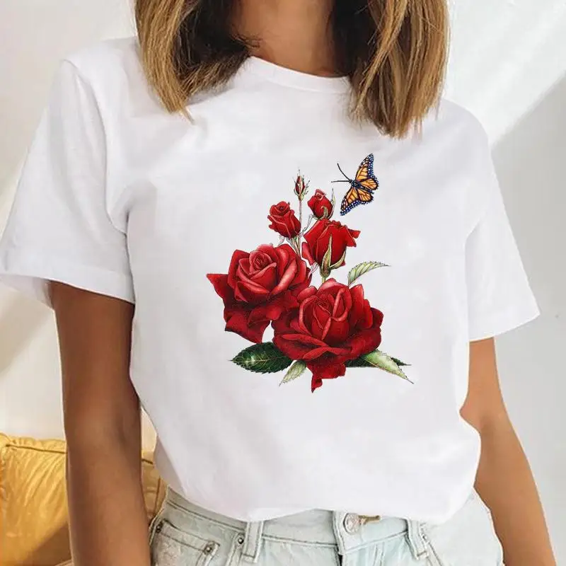 T-Shirt da donna fiore femminile primavera estate floreale carino abiti di moda Cartoon Lady stampa top manica corta T-Shirt grafica