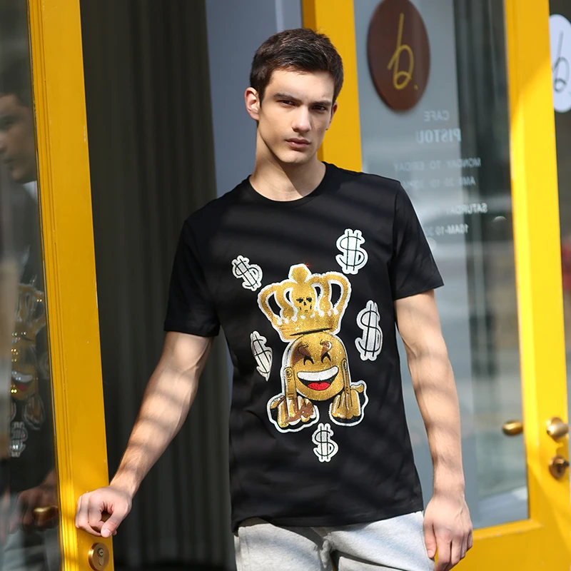 AlexPlein Smiling Face $ Rhinestones Diamond T Shirt Funny Men's Clothing Fashion 100%Cotton O Neck