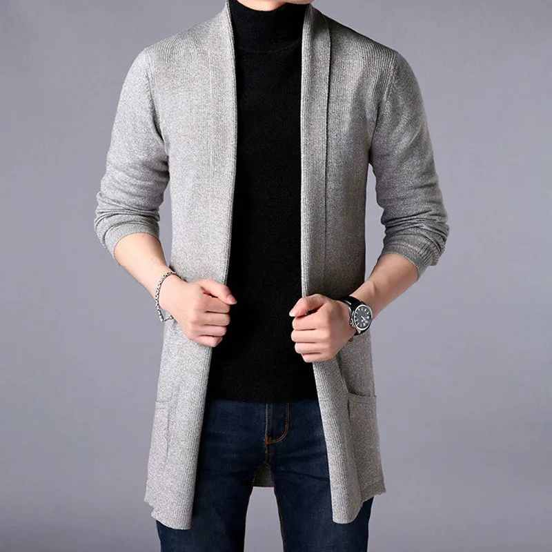 Casacos longos e finos de suéter masculino, jaquetas monocromáticas de malha, suéteres masculinos casuais, outwear cardigan, moda, outono, 2024