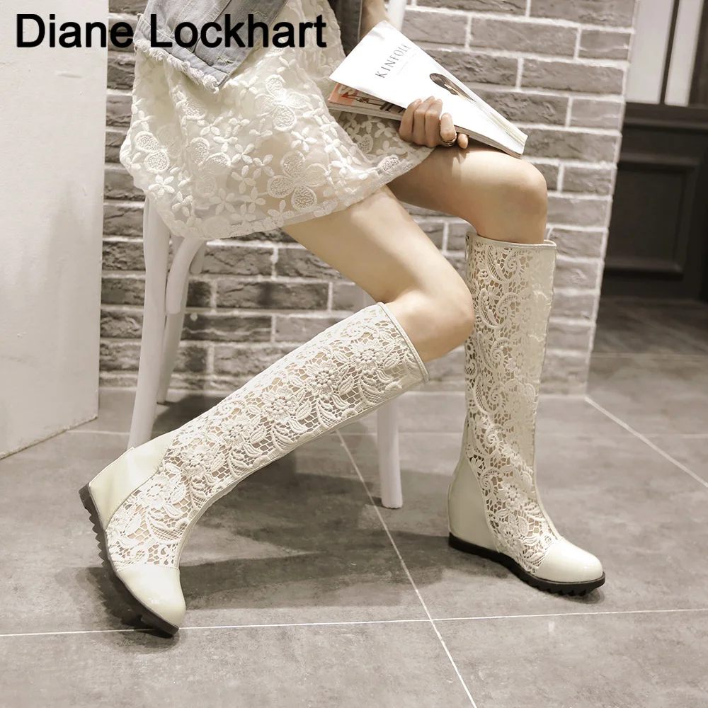 Women\'s Breathable Mesh Cool Boots Lace Upper High Heels Woman Casual Knee Boots White Summer Female Wedge Shoes big Size 34-43