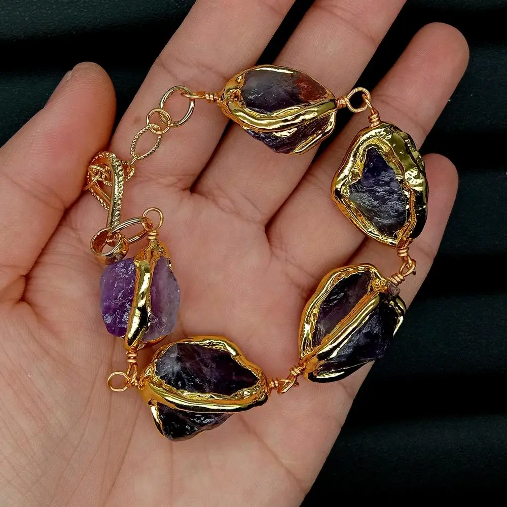 YYGEM Natural Purple Amethyst Rough Nugget With Electroplated Edge Wrap Bracelet 8\