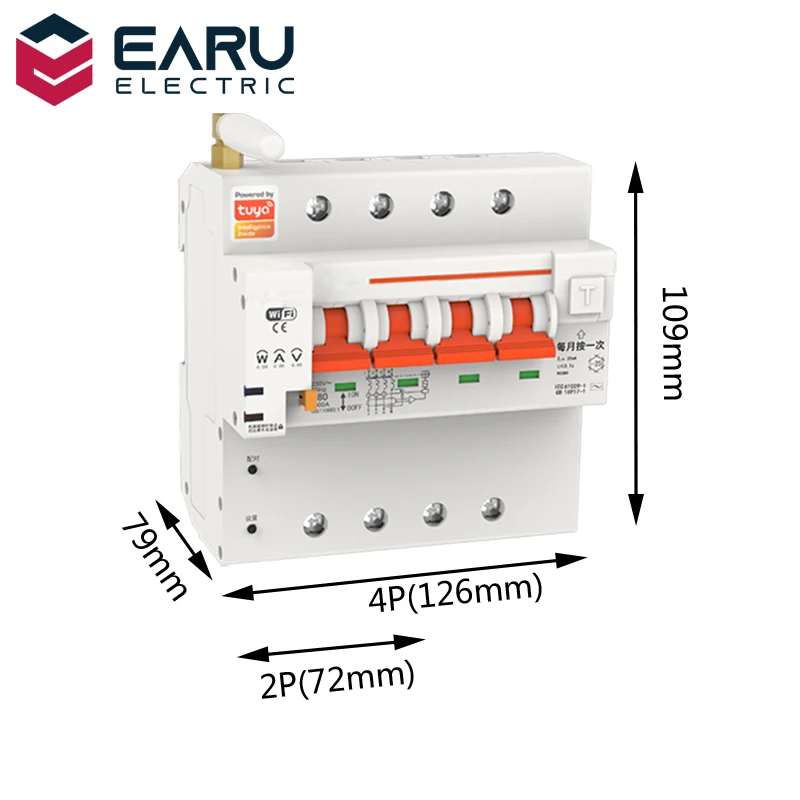 TUYA 2P 4P 10-63A 220V Smart WIFI Circuit Breaker Switch Leakage Protection Power Energy Consumption kWh Meter Voltmeter Ammeter