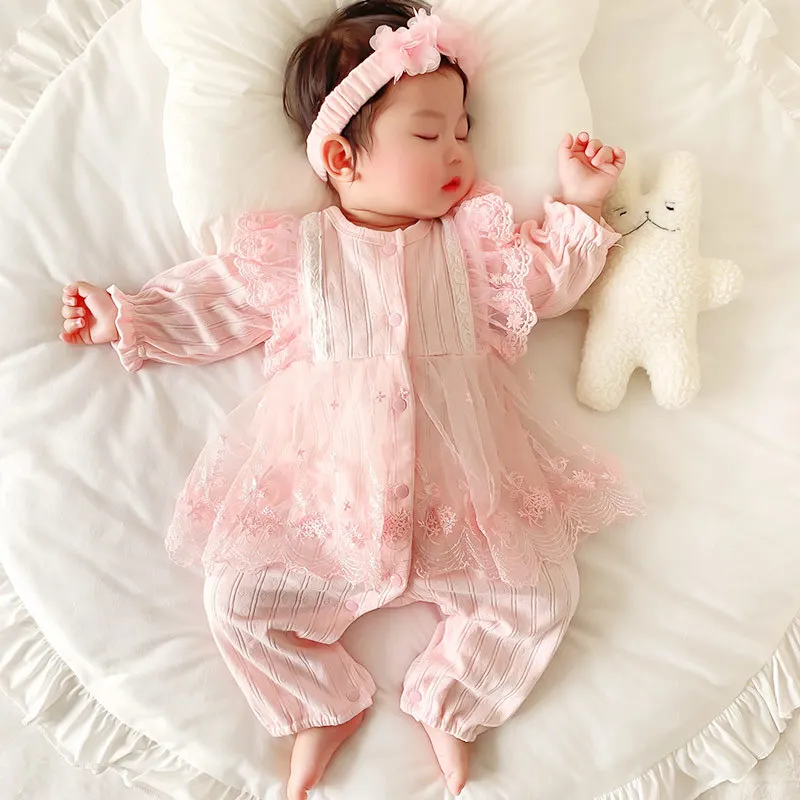 

Baby Rompers Newborn Lace Jumpsuit 100% Cotton Long-sleeved Striped Single Breasted Princess Style Romper Baby Cute Rompers