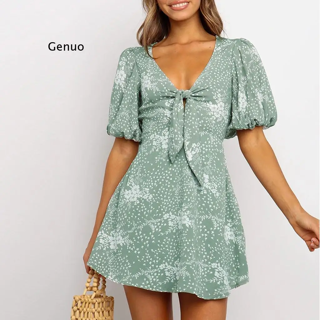 Women Dress Lady Tie Kink Puff Sleeve Dress V-Neck Flowers Print  Bohemian Dress Beach Mini Dress casual vestidos