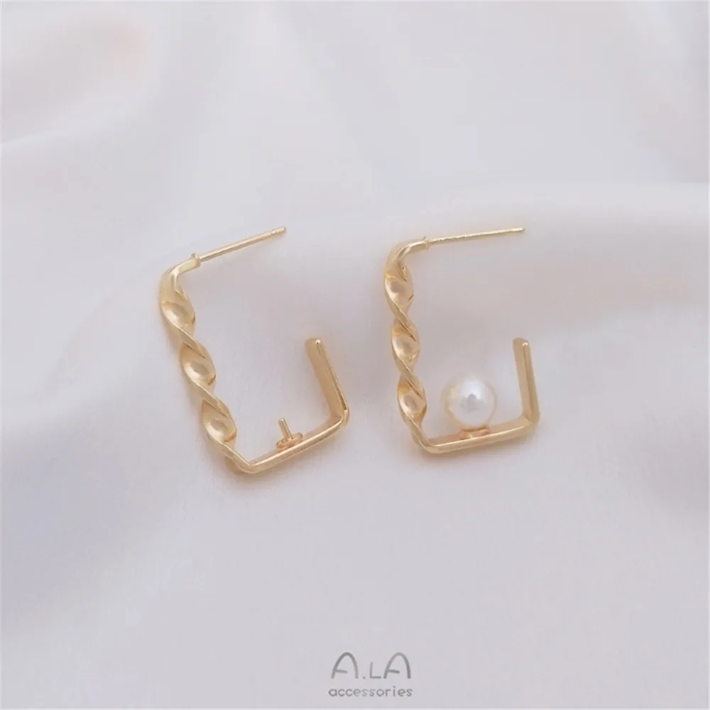 14k Gold Fashion twisted Rectangular Earrings DIY half hole pearl holder needle Earrings manual Earrings accessories